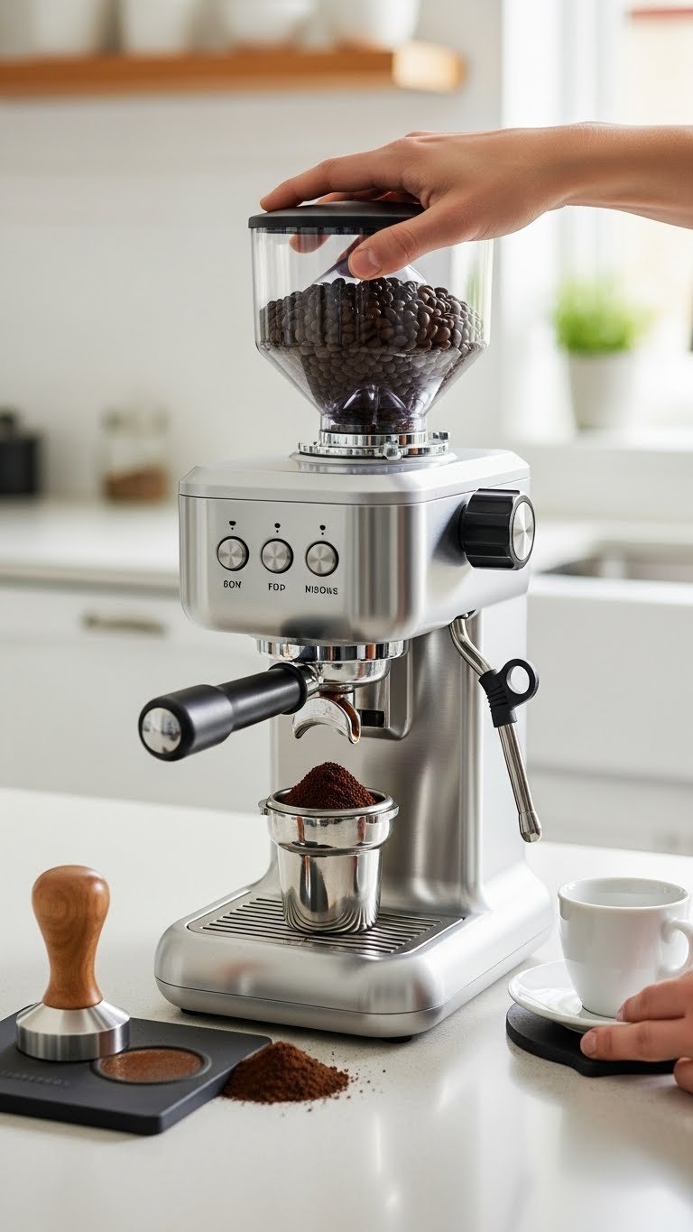 Coffee Bar Espresso Machines: Your Definitive Guide to Perfect Shots 10 Espresso machine with integrated grinder preparing fresh coffee grounds into portafilter on kitchen counter