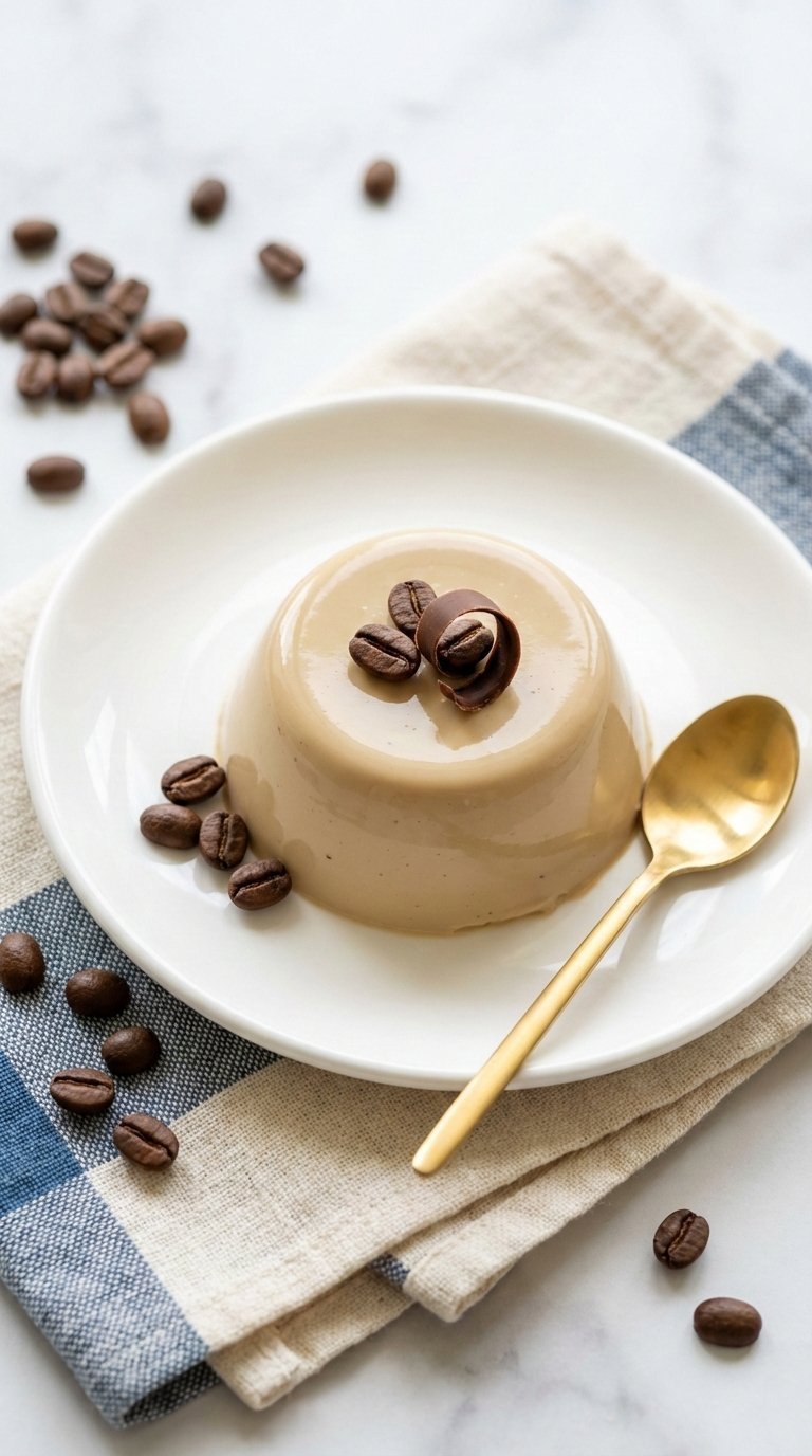Espresso panna cotta unmolded on white plate with delicate jiggle texture, coffee bean garnish, and gold spoon on marble countertop background.