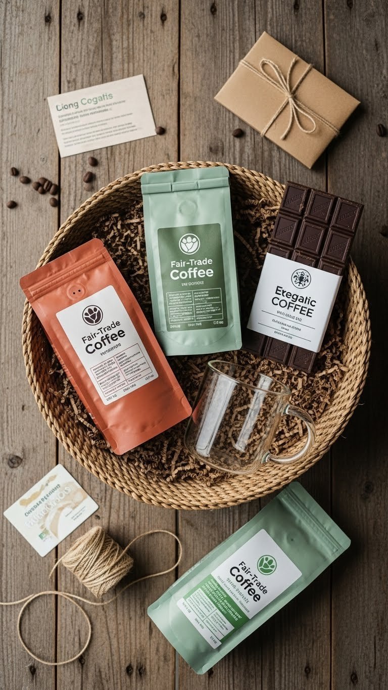 Ethically-sourced coffee gift basket with fair-trade beans, recycled glass mug, and dark chocolate on rustic wood