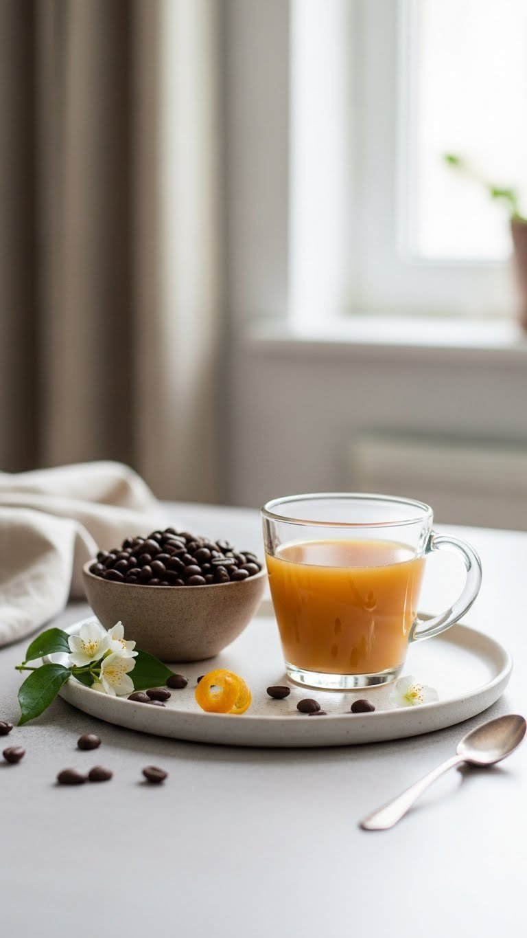 Ethiopian Yirgacheffe coffee beans in rustic bowl next to clear glass cup of freshly brewed light coffee with floral garnish