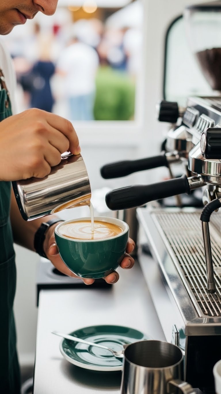 Expert barista pouring intricate latte art with visible milk steam texture at professional mobile coffee bar setup