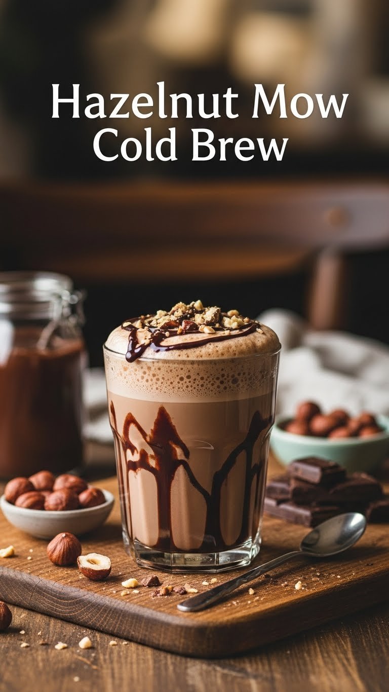 Eye-level photo of Hazelnut Mocha Cold Brew with chocolate, hazelnut foam, and chopped hazelnuts on a rustic board.