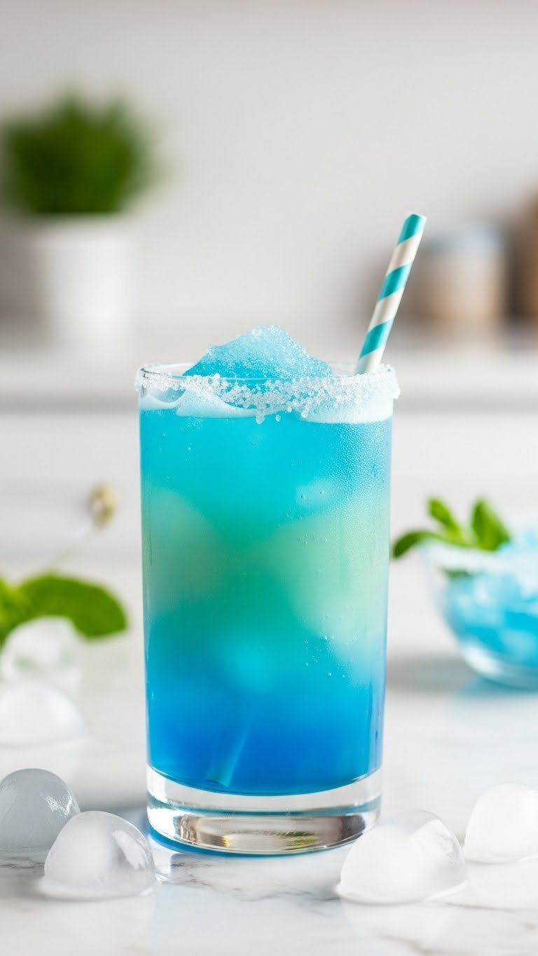 Eye-level shot of layered blue Kamehameha Wave mocktail in clear glass transitioning from deep to light blue
