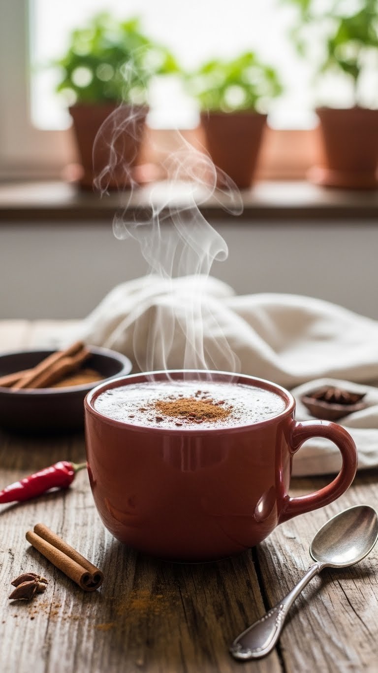 Eye-level shot of rich Mexican chili hot chocolate with cinnamon and chili flakes in rustic terracotta mug