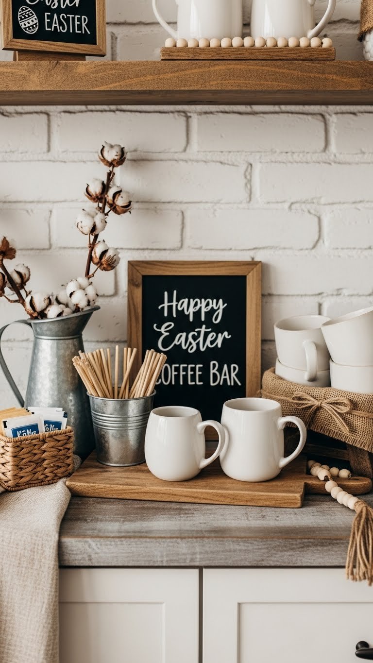 Farmhouse Easter coffee bar with distressed wood countertop, galvanized metal accents, and burlap textures