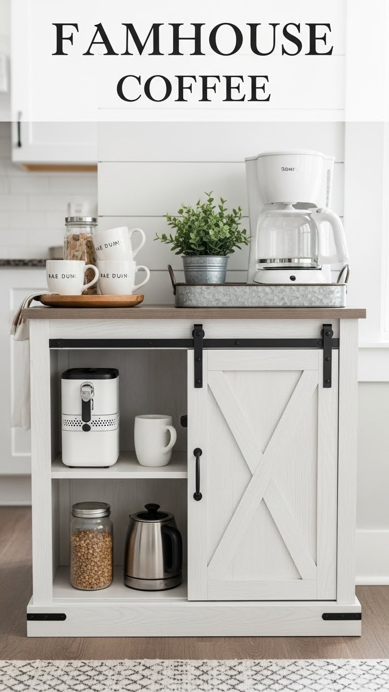 Farmhouse coffee bar featuring sliding barn door cabinet, white coffee maker, and Rae Dunn mugs on light wood floor