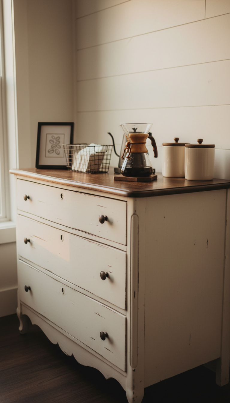 Farmhouse coffee bar using repurposed vintage dresser with pour-over setup on dark wood floor against shiplap wall