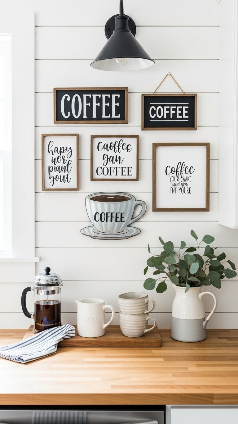 Farmhouse kitchen coffee bar gallery wall with rustic signs, metal coffee cup, and white shiplap background