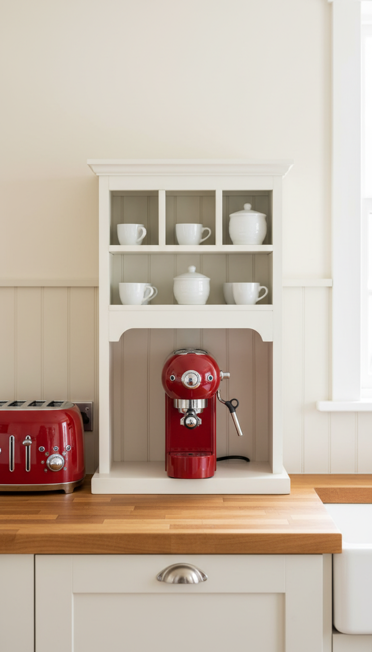 Farmhouse kitchen with white wooden hutch holding red retro-style espresso machine on butcher block counter