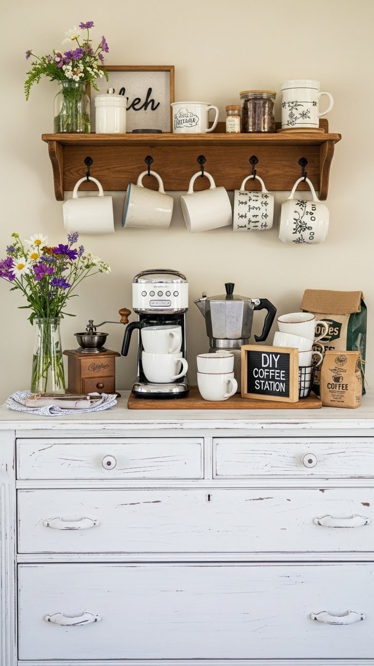 Farmhouse-style DIY coffee bar using refurbished vintage wooden dresser painted white with retro coffee maker and mismatched mugs.