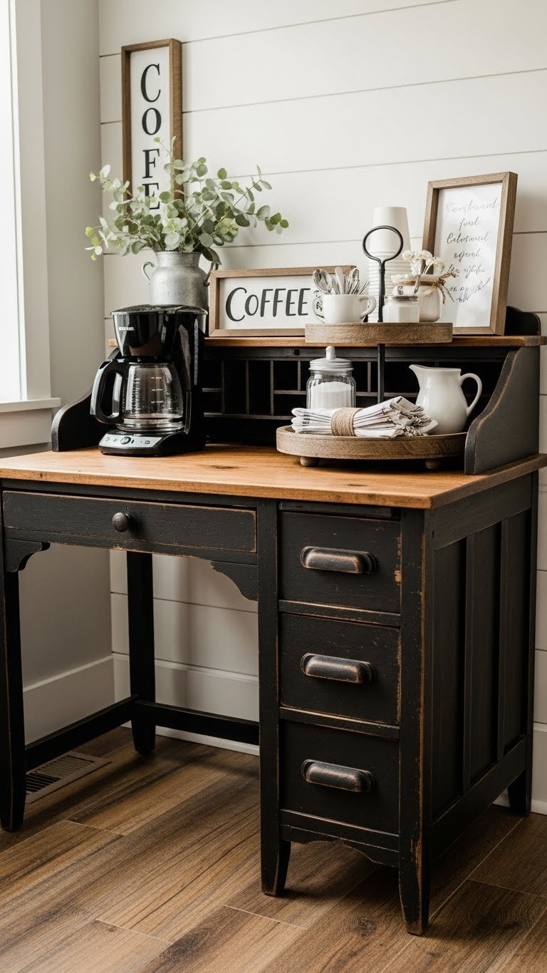 Farmhouse style black writing desk coffee bar with drip machine and tiered tray on rustic wood floor