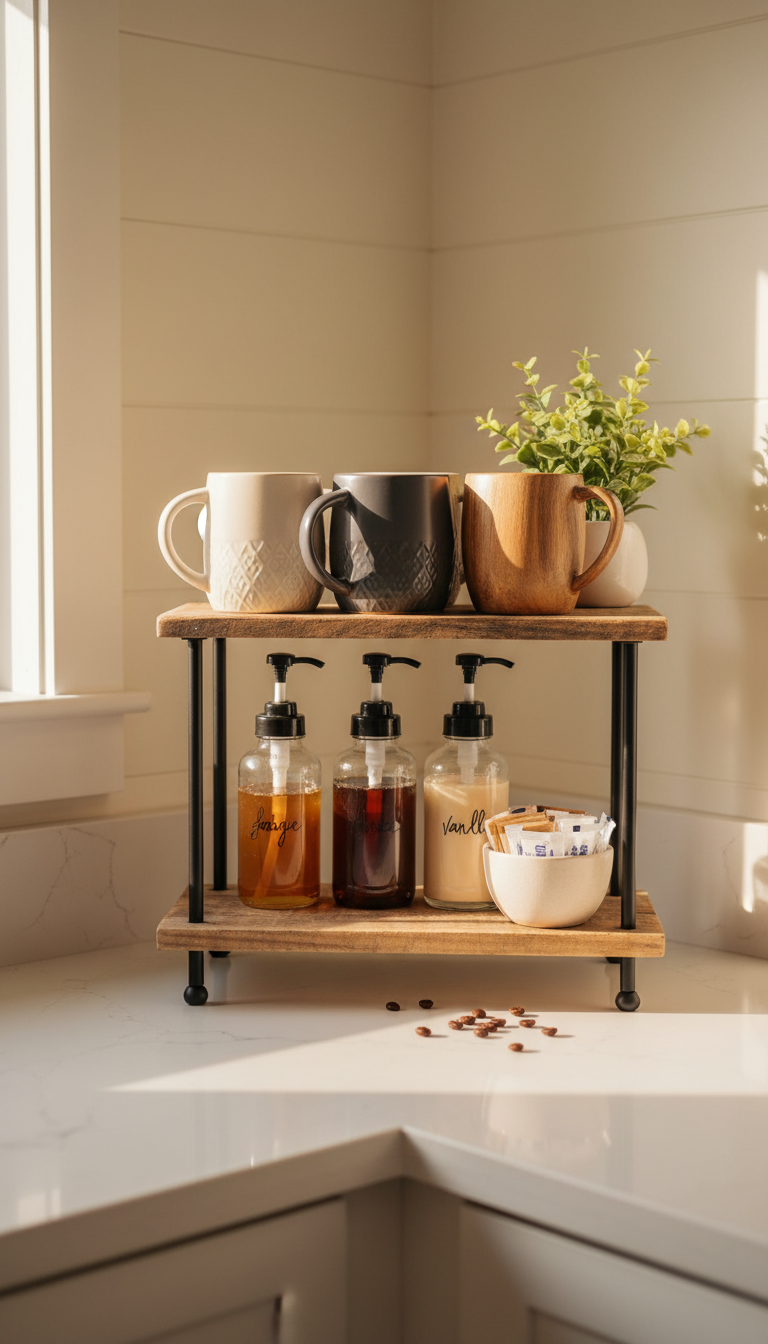 Farmhouse-style coffee bar with rustic wood and black metal tiered stand holding coffee syrups and ceramic mugs