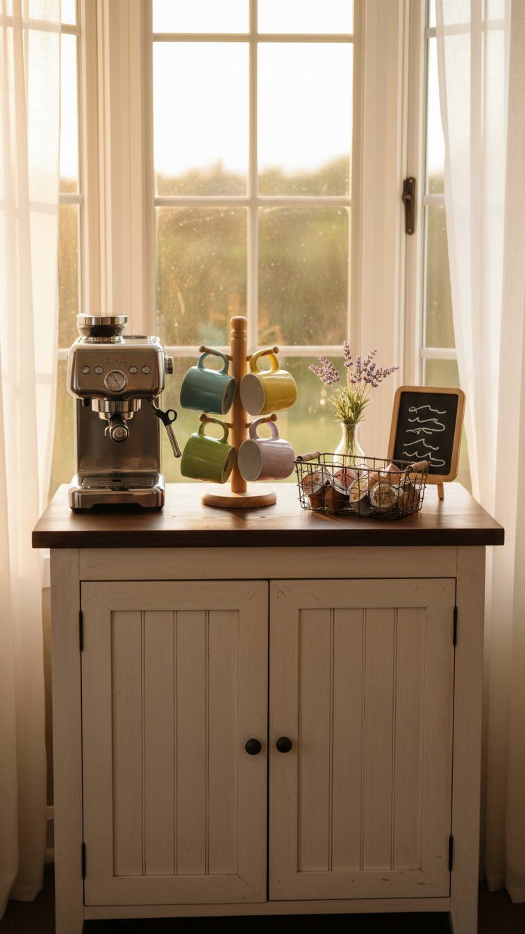 Farmhouse-style distressed white cabinet coffee bar with vintage coffee maker in bay window nook