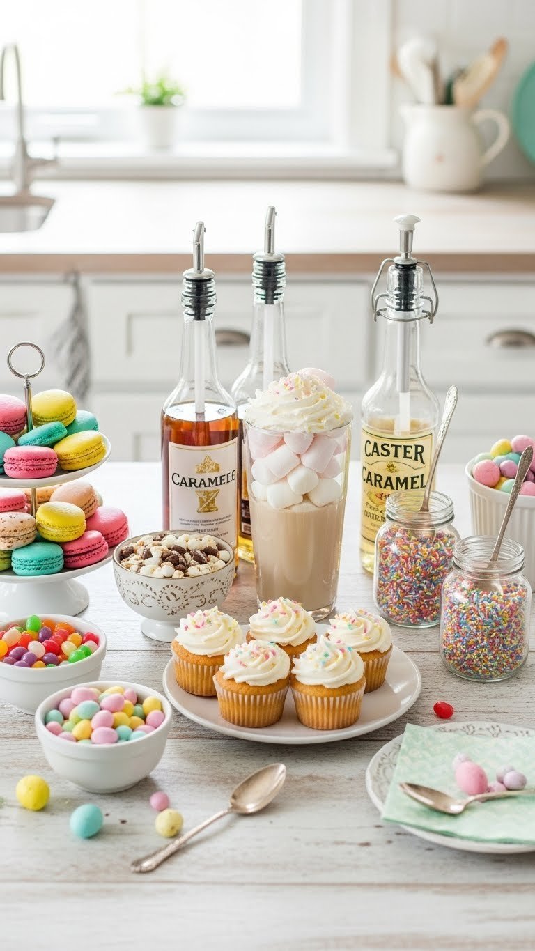 Festive Easter drinks and treats station with colorful macarons, glass dispensers, and toppings for beverage customization