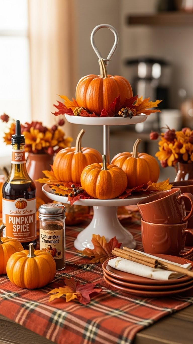 Festive autumn-themed coffee bar with mini pumpkins, plaid tablecloth, and pumpkin spice syrup