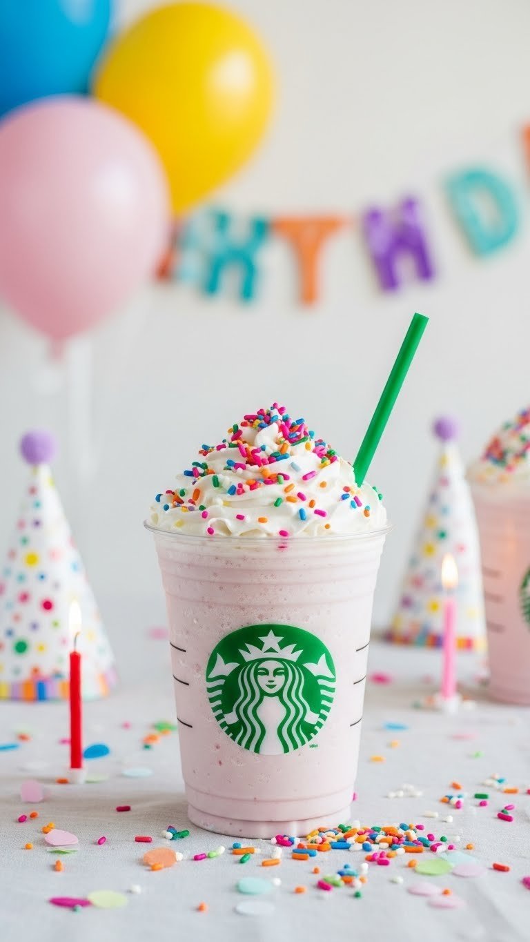 Festive birthday cake Frappuccino with whipped cream, colorful sprinkles, and party decorations background.
