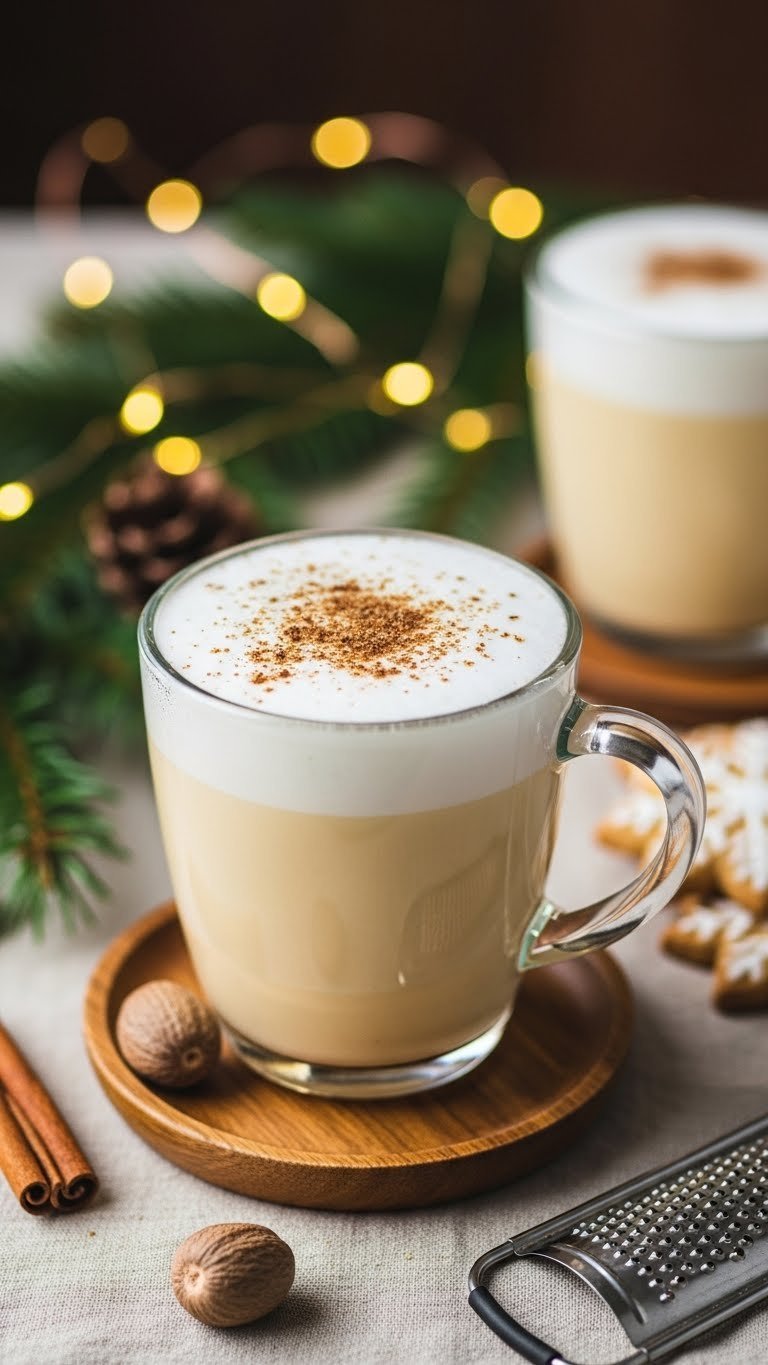 Festive eggnog coffee latte in clear mug with creamy pale yellow foam and nutmeg dusting on linen tablecloth
