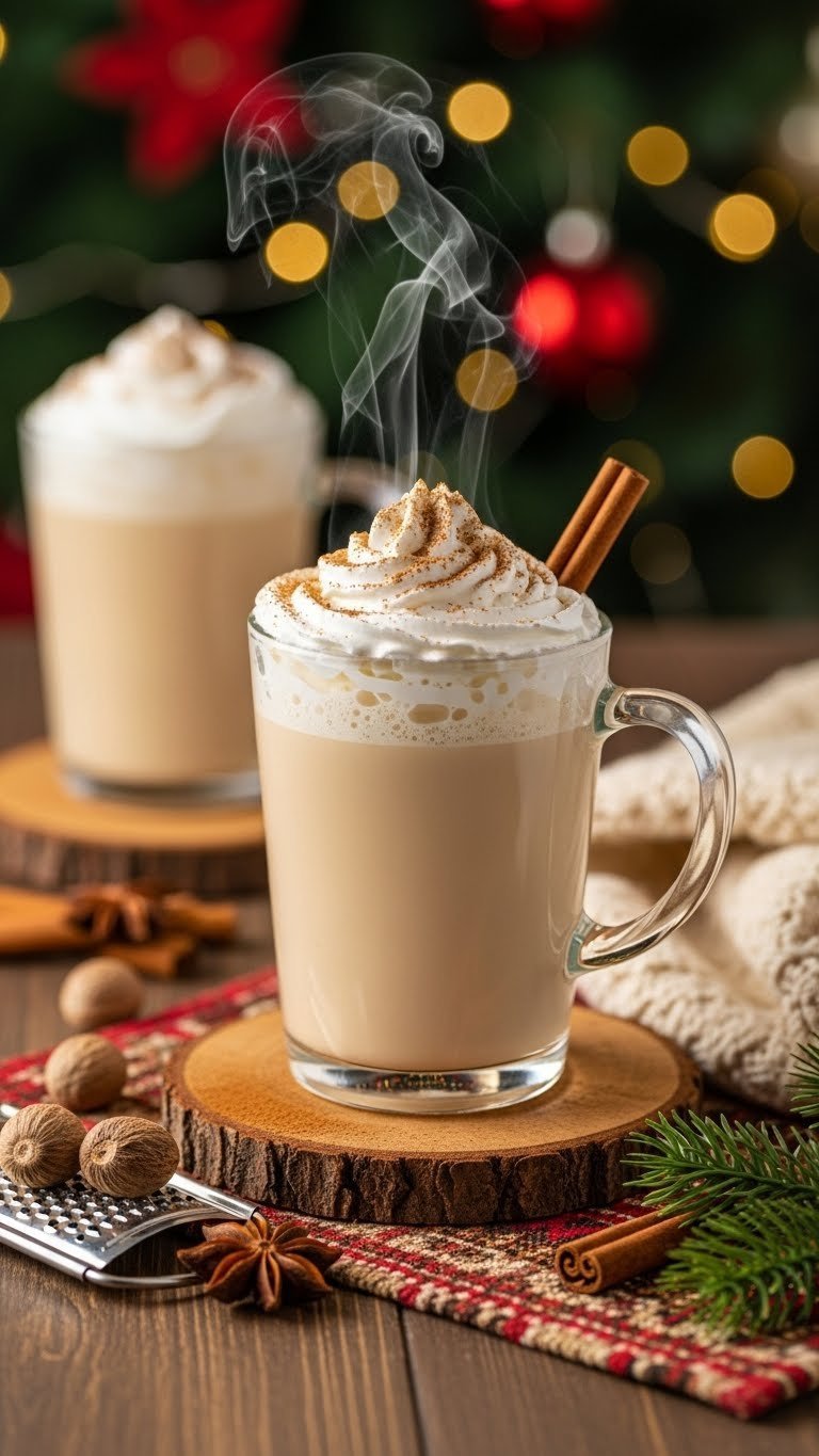 Festive eggnog latte in glass mug with whipped cream and nutmeg dusting