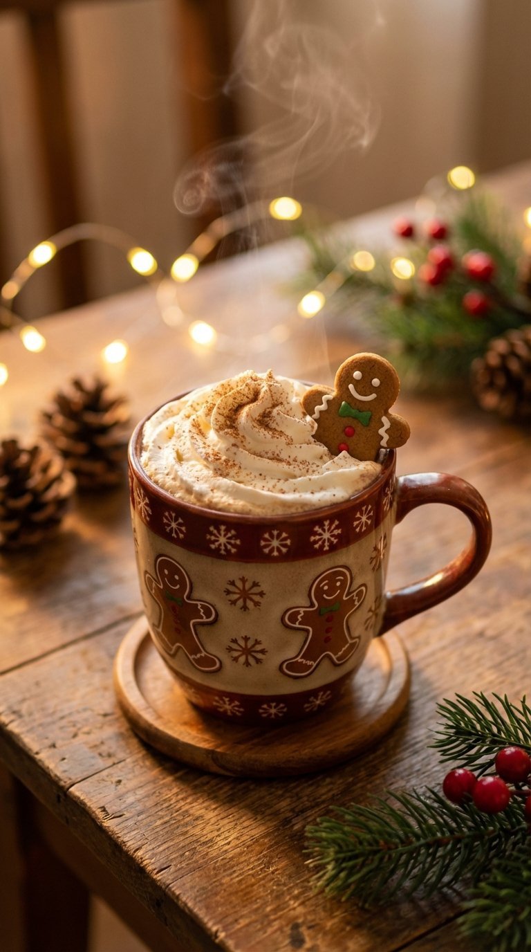 Festive gingerbread latte in holiday mug topped with whipped cream and gingerbread cookie