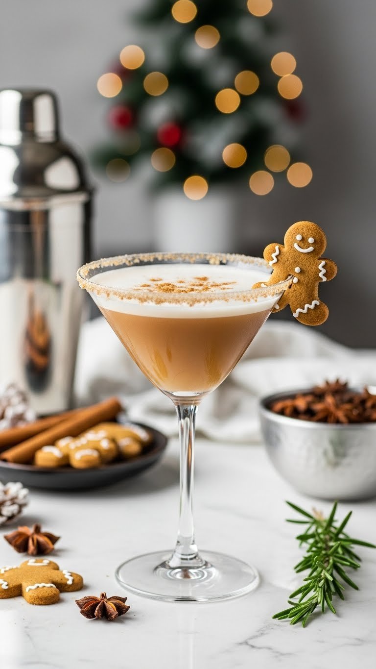 Festive gingerbread martini in chilled glass with sugared rim and gingerbread cookie garnish