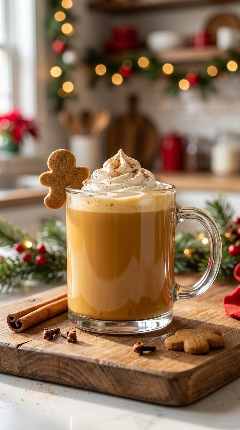 Festive gingerbread spice coffee creamer in clear glass mug with mini gingerbread cookie garnish