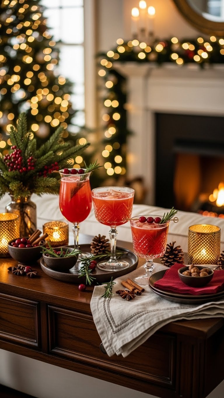 Festive holiday cocktail corner with sparkling seasonal drinks, ornate glasses, and ambient lighting