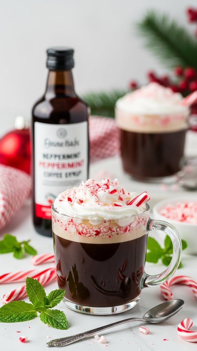 Festive peppermint mocha in clear glass mug with whipped cream and candy cane topping on marble countertop.