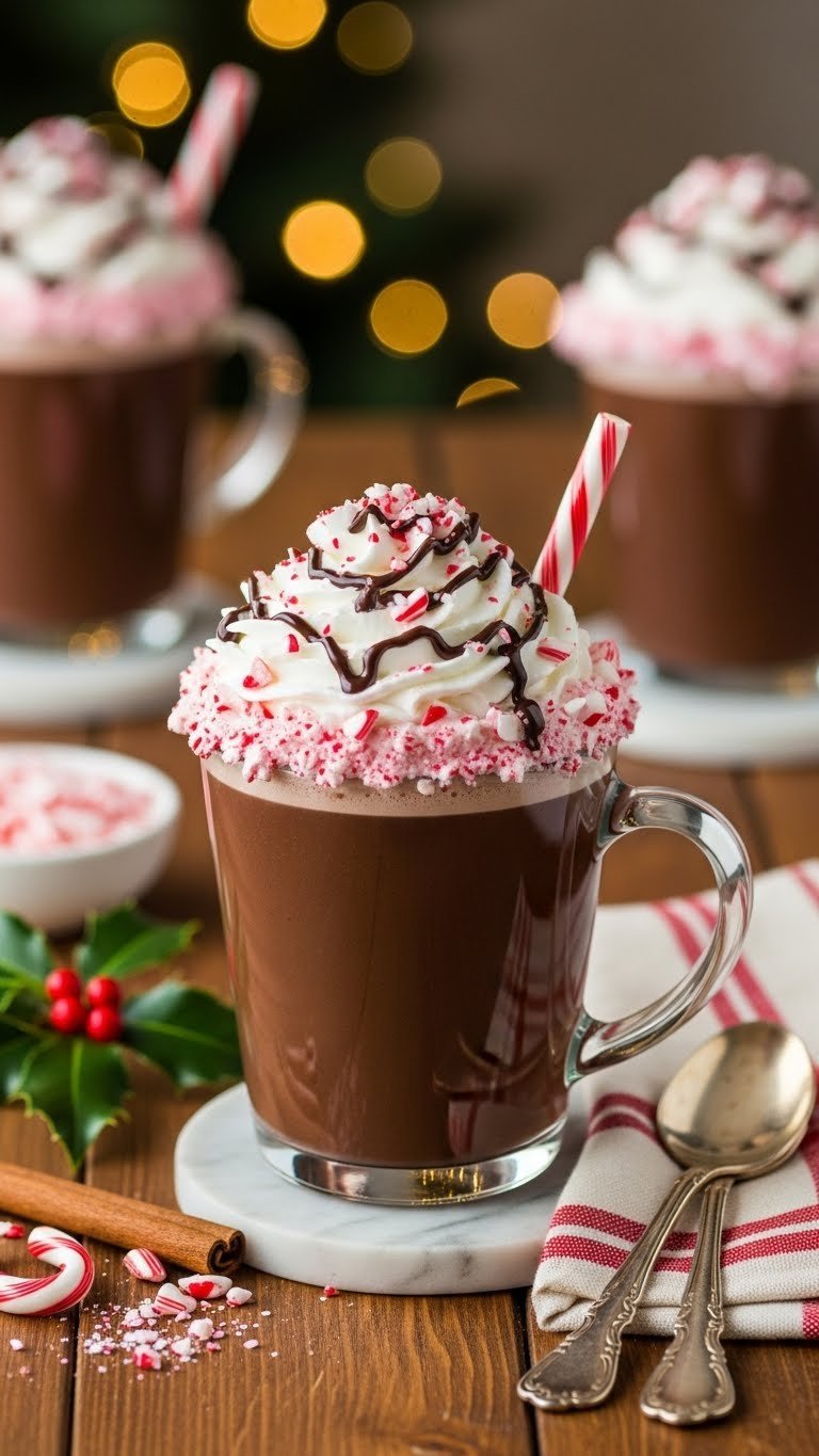 Festive peppermint mocha in mug with whipped cream, crushed candy canes, and chocolate drizzle on rustic wooden table