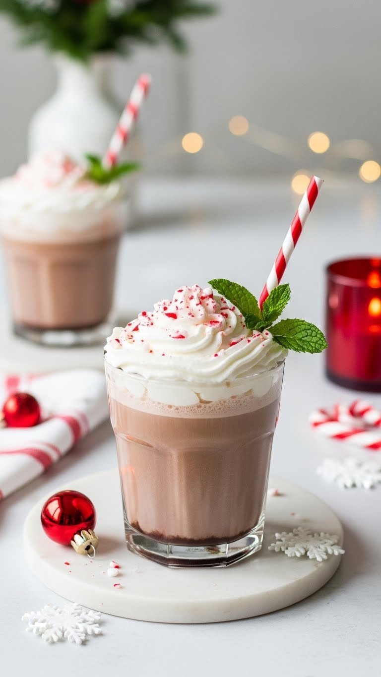 Festive peppermint mocha protein coffee with whipped cream and crushed candy cane on white marble holiday background