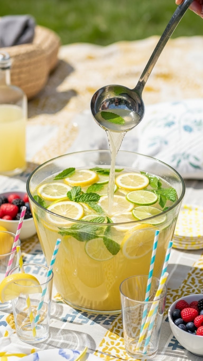 Festive sparkling lemonade punch in glass bowl with lemon slices and mint leaves being poured at outdoor party