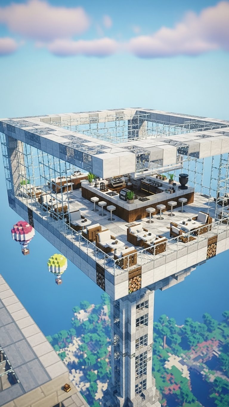 Floating coffee shop in Minecraft with glass walls, panoramic sky views, and airy suspended structure design