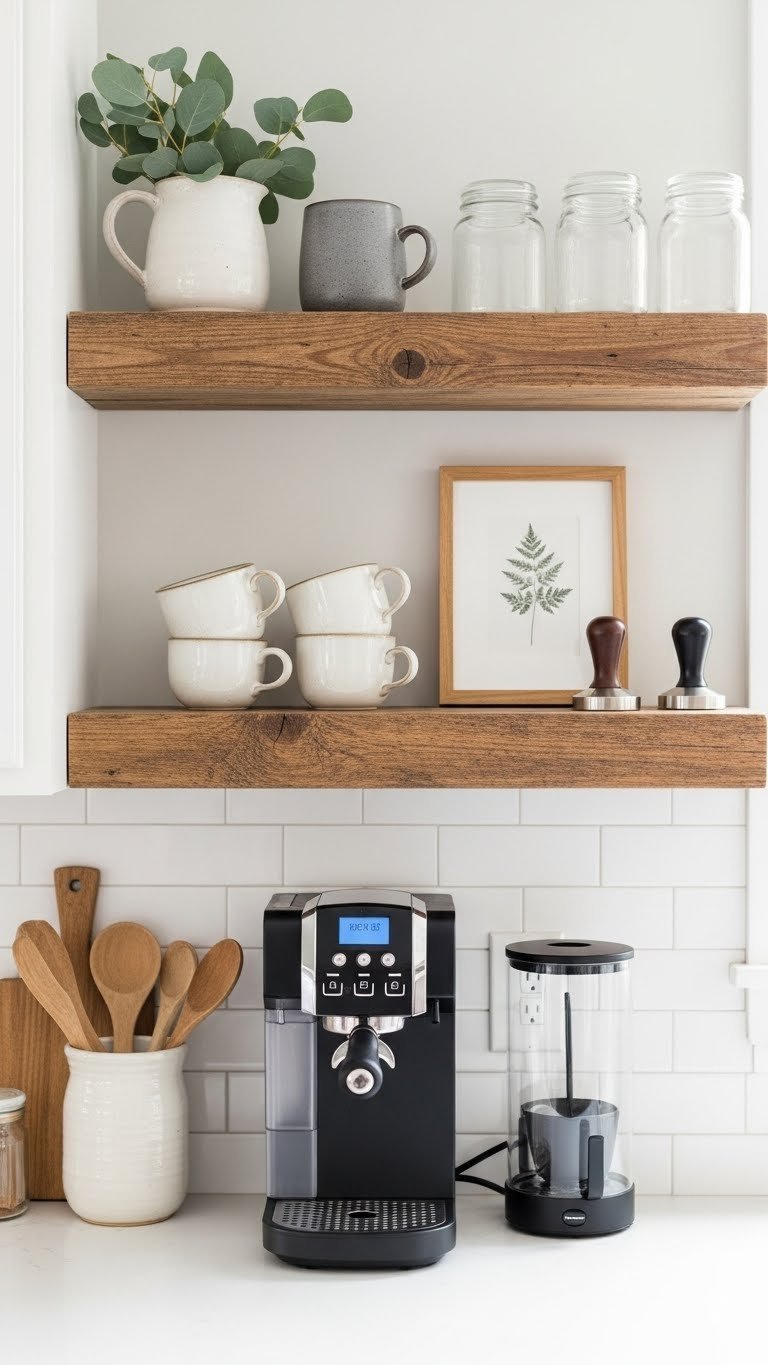 Floating reclaimed wood shelves styled with rustic coffee bar decor and modern accessories in bright daylight