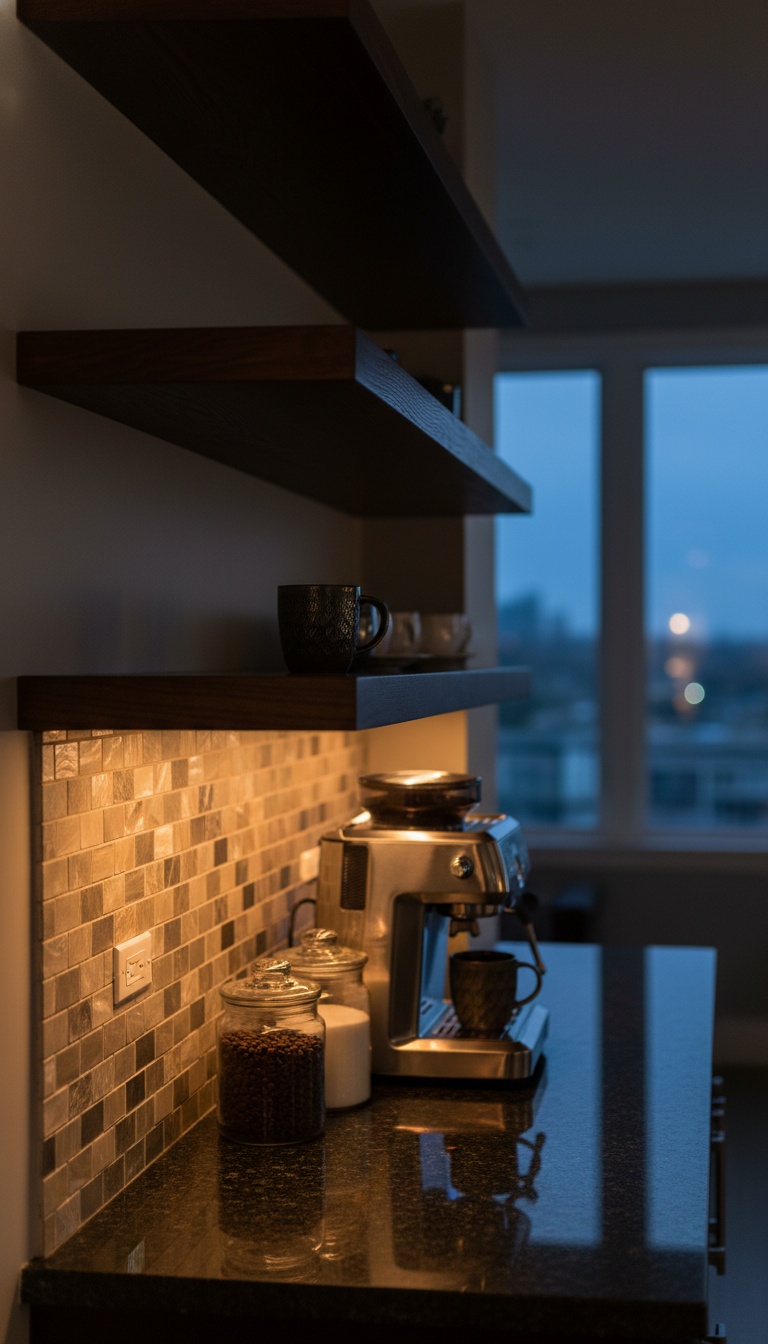 Floating shelf coffee bar with integrated LED lighting under dark wood shelves illuminating chrome espresso machine on granite