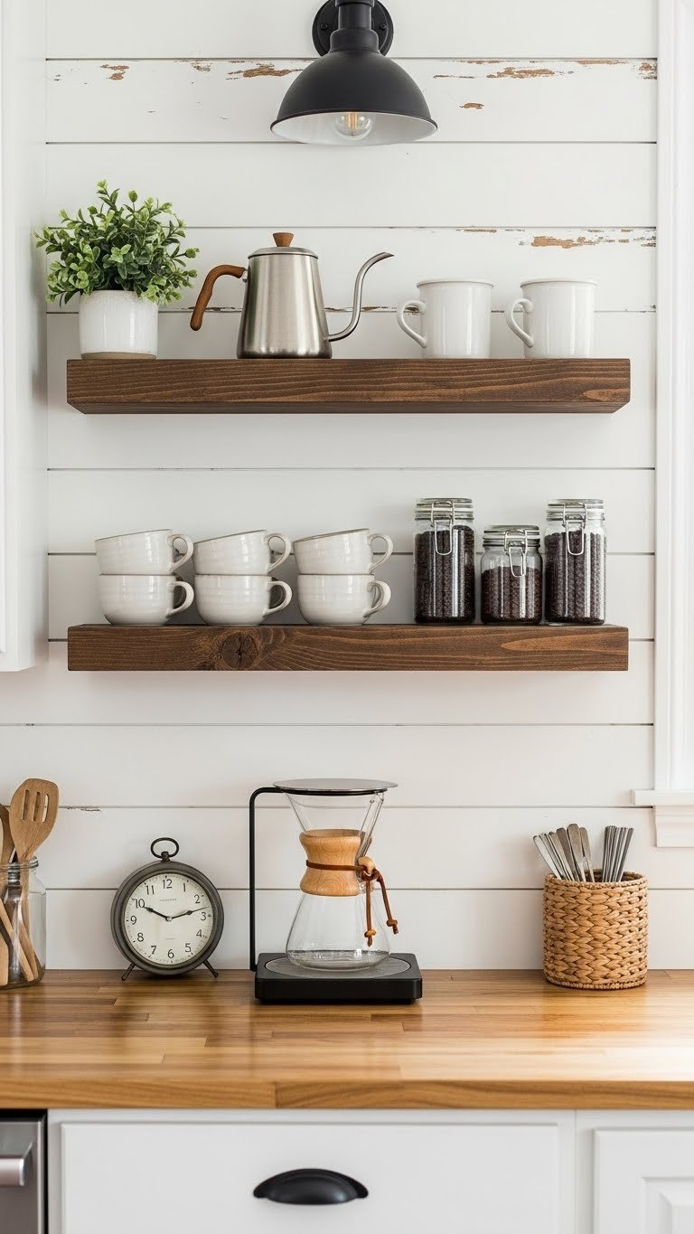 Floating shelf coffee station on shiplap wall with pour-over maker and ceramic mugs in bright airy kitchen setting