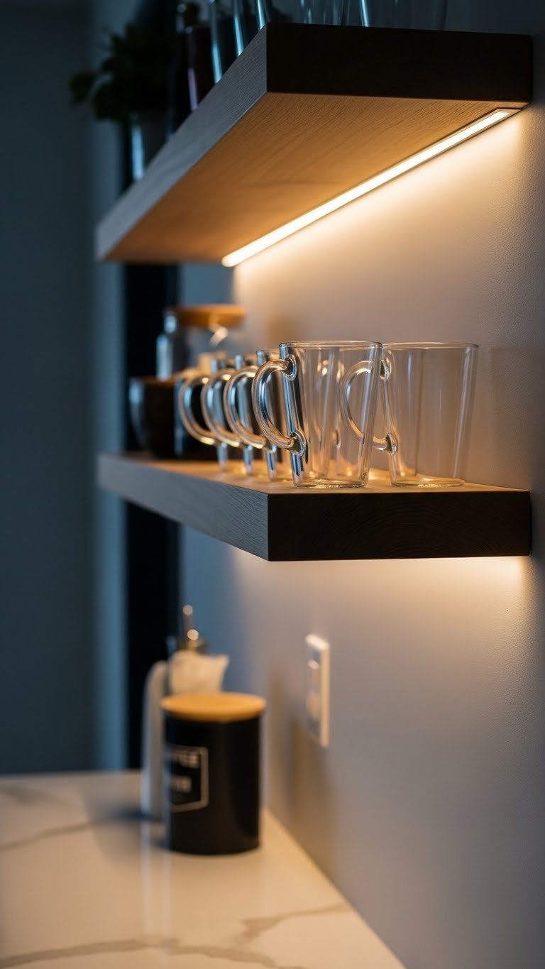 Floating wooden shelf with hidden LED strip casting ambient glow silhouetting glass coffee mugs on dark wall