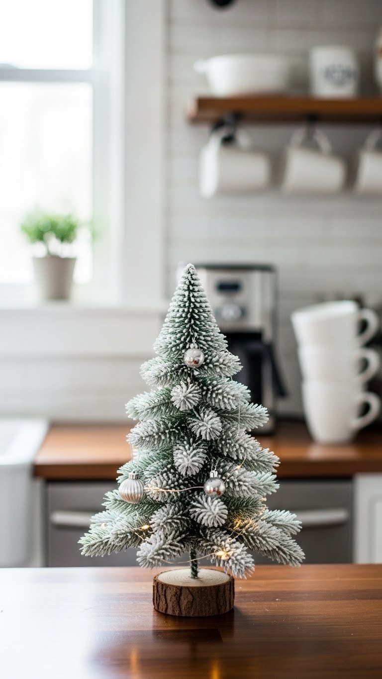 Flocked mini Christmas tree with fairy lights and silver ornaments on dark wood countertop next to coffee maker.