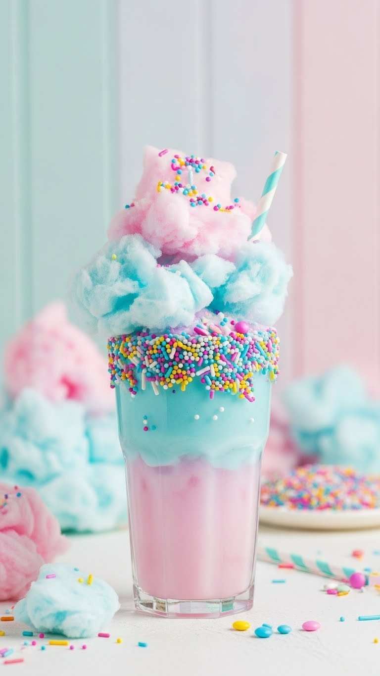 Fluffy cotton candy cloud drink in a tall festive glass with colorful sprinkles on pink cotton candy.