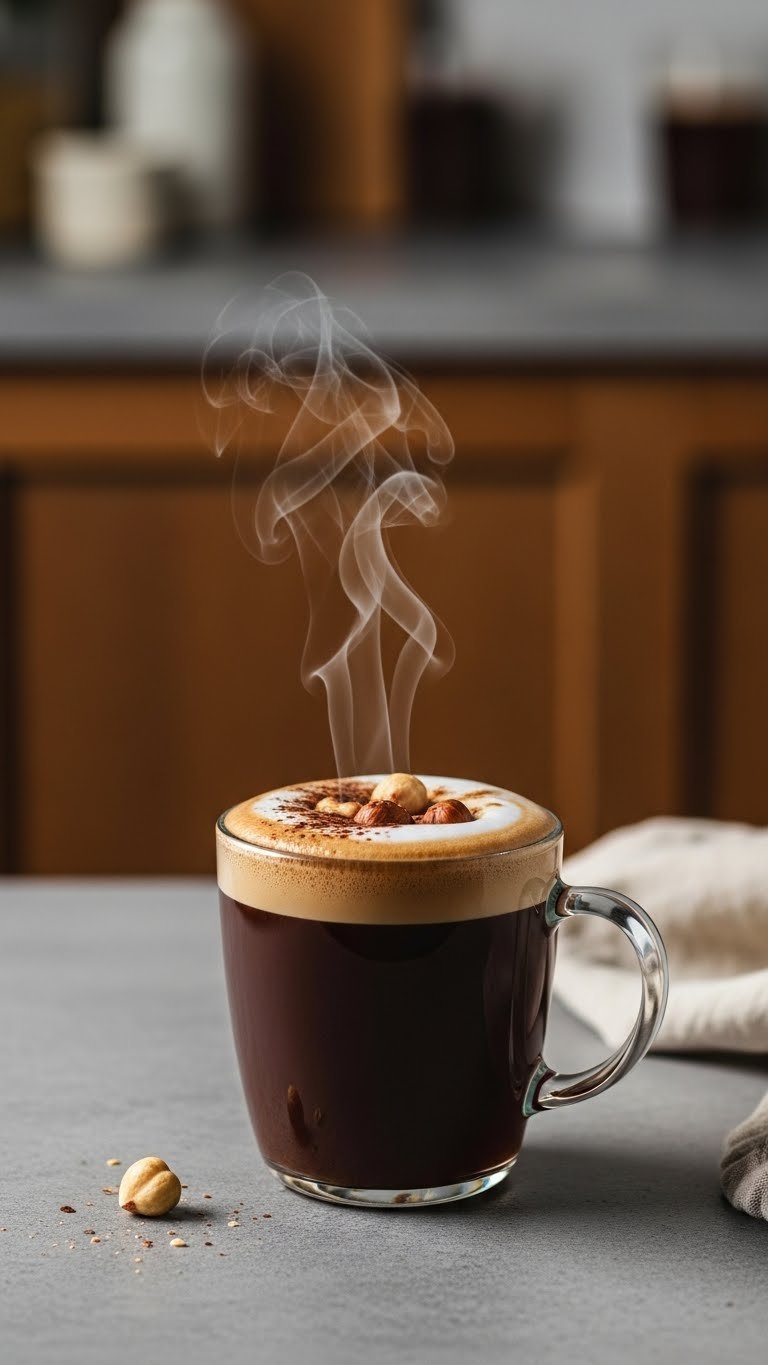 Foamy coffee mug garnished with hazelnuts and syrup drizzle in cozy golden hour lighting