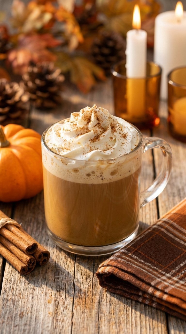 Foamy pumpkin spice latte in clear glass mug topped with whipped cream and pumpkin pie spice for fall season