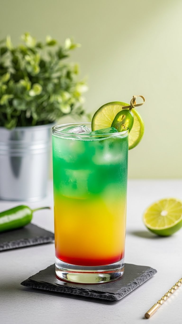 Focused close-up of vibrant green and yellow Piccolo's Special Beam Cannon drink in sleek tall glass