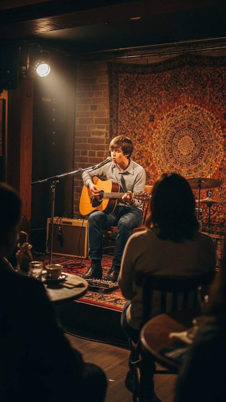 Folk singer performing intimately with guitar to small audience in dimly lit 1960s coffee bar setting