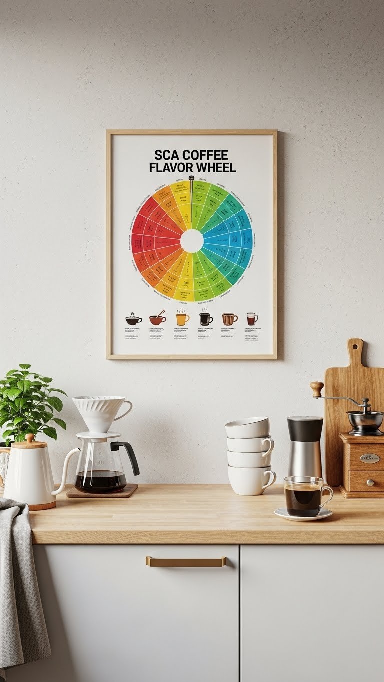 Framed SCA Coffee Flavor Wheel poster mounted on clean wall with freshly brewed coffee on nearby counter