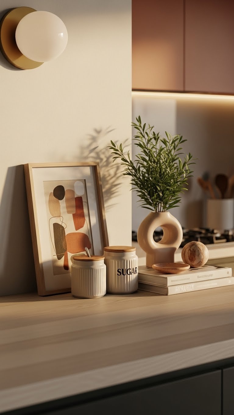 Framed abstract artwork above coffee machine with personalized ceramic jar and sculptural plant decor
