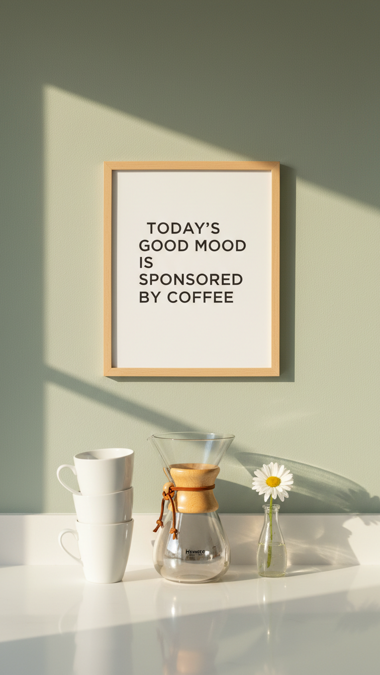 Framed art print with 'Today's Good Mood Is Sponsored By Coffee' quote in light wood frame on sage green kitchen wall.