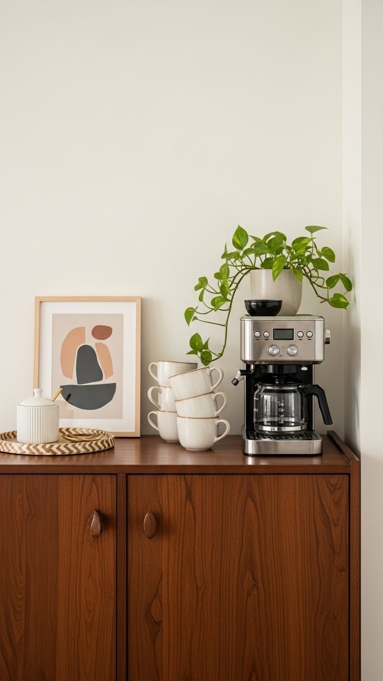 Freestanding coffee cabinet using dark wood credenza with minimalist coffee maker, ceramic mugs, and small plant against light wall.