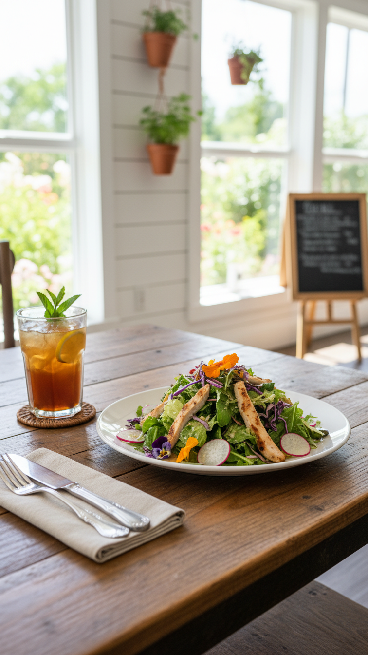 Fresh farm-to-table salad with grilled chicken and edible flowers on rustic wooden table in bright setting