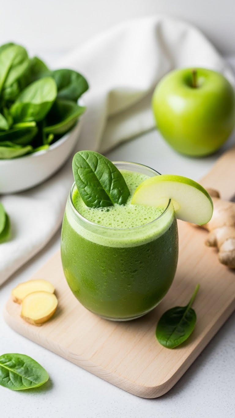 Fresh green garden detox smoothie in clear tumbler with spinach leaves and apple slice on natural wood board