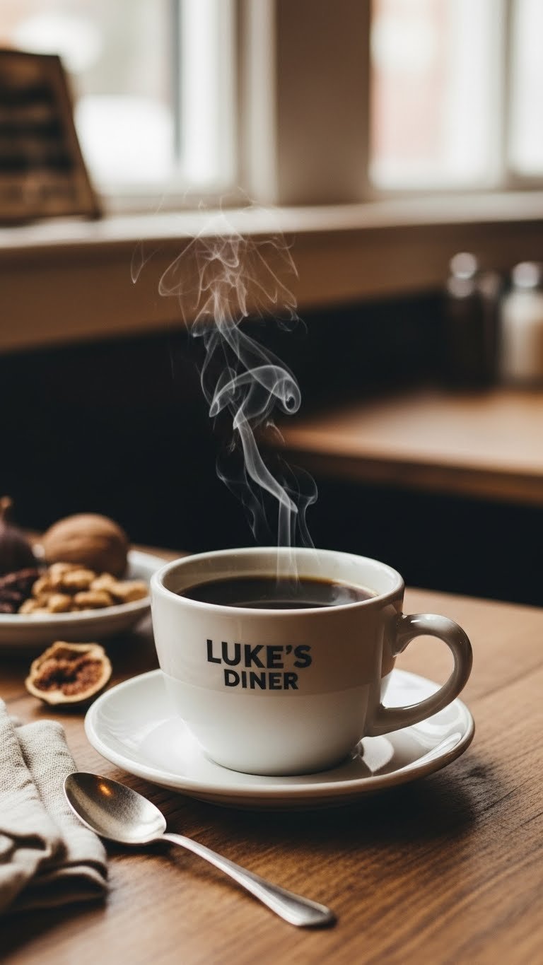 Freshly brewed dark coffee in rustic diner mug with steam swirl, dried figs and walnuts on wooden table background.