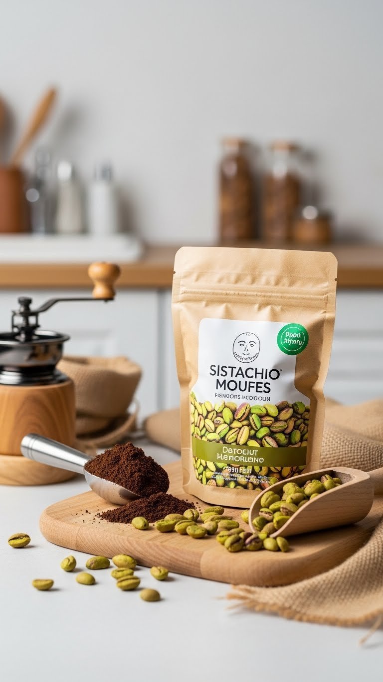 Freshly roasted pistachio flavored coffee beans with green tint alongside ground coffee on light wood surface