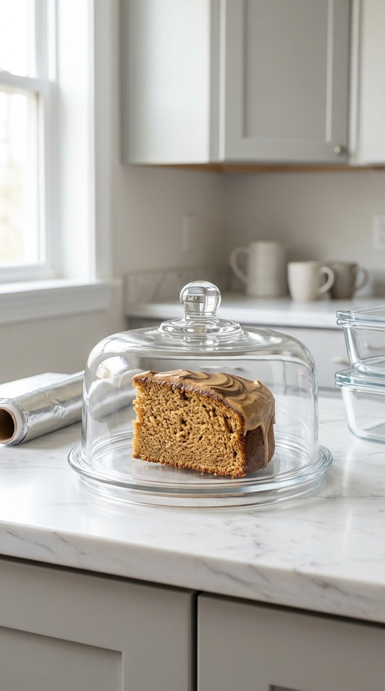 Freshly sliced coffee flavored cake preserved in airtight dome on marble countertop with storage accessories